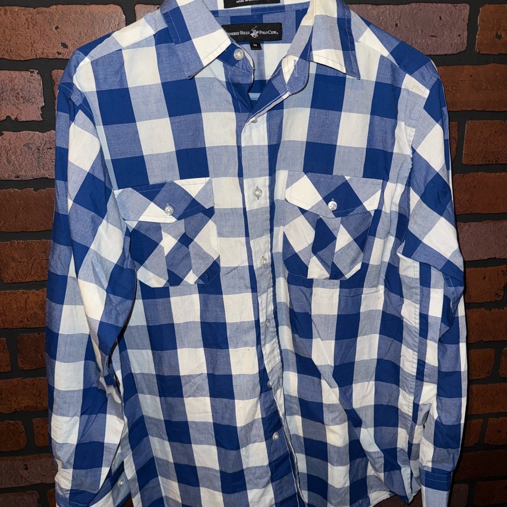 Beverly Hills Polo Club Blue and White Casual Button Down Shirt